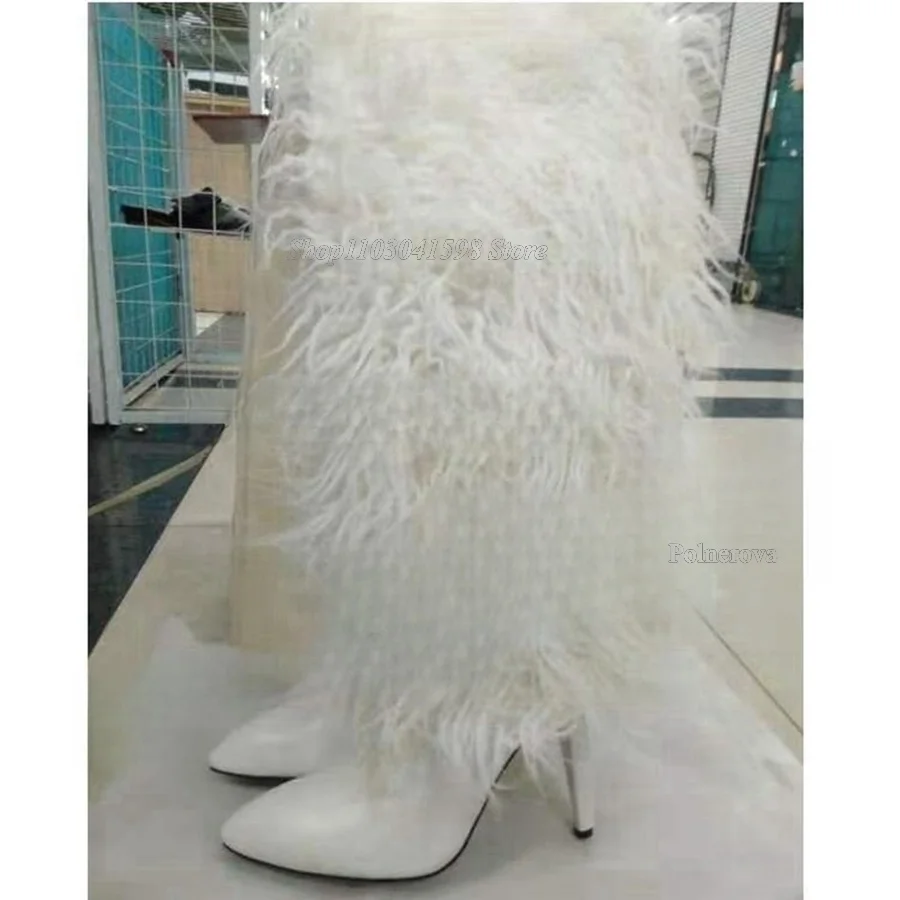 Solid Color Furry Thigh High Boots Solid Color Fine Heel Pointy Toe Boots High Heels Winter Warm New Women Boots 2023 Plus Size