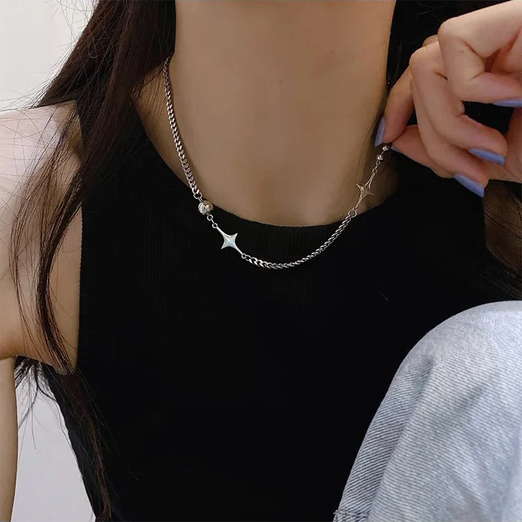 Titanium Steel Kpop Cross Star Necklace Simple Beads Star Chain Necklaces for Women Men Unisex Punk Necklace Grunge Jewelry