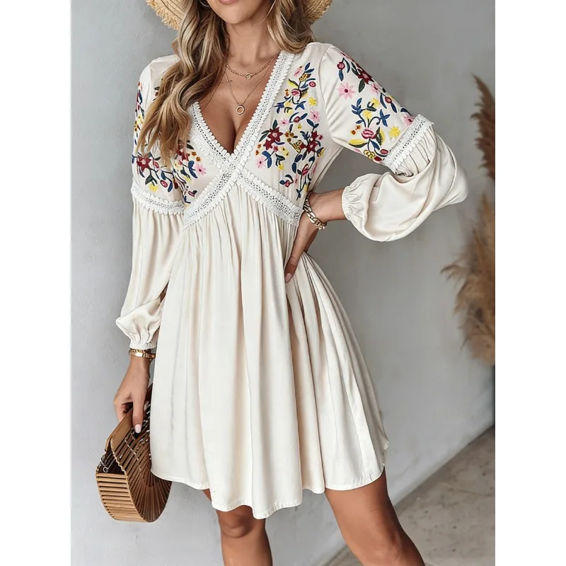 

New Spot Cross-border European American Women's Clothing Amazon Fashion Women's Clothing V-neck Lace Long-sleeved Casual Skirt