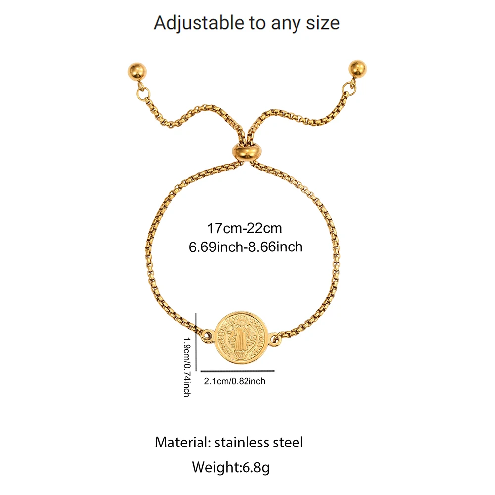Gold Plated St. Benedict Medal Adjustable Bracelet, Minimalist Religious Protection Jewelry for Her