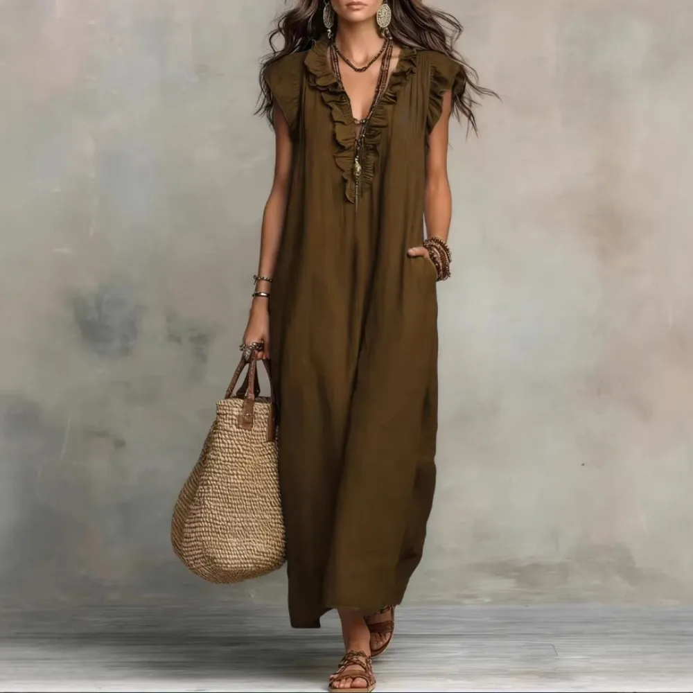 Women Bohemian V Neck Flutter Sleeve Maxi Dress Summer Casual High Waist Flowy Beach Long Dresses Loose Fit Sun Dress - Image 4
