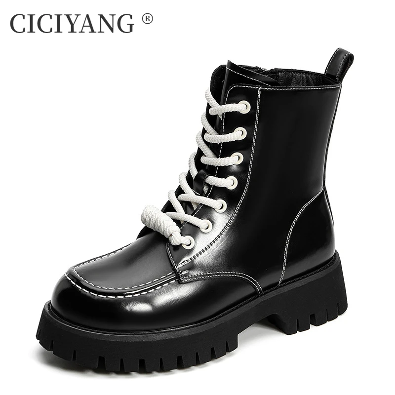 

CICIYANG Autumn Women Boots Genuine Leathe 2025 New Lace-up Anti-slip Booties Ladies British Style Ankle Boots Chunky Platform