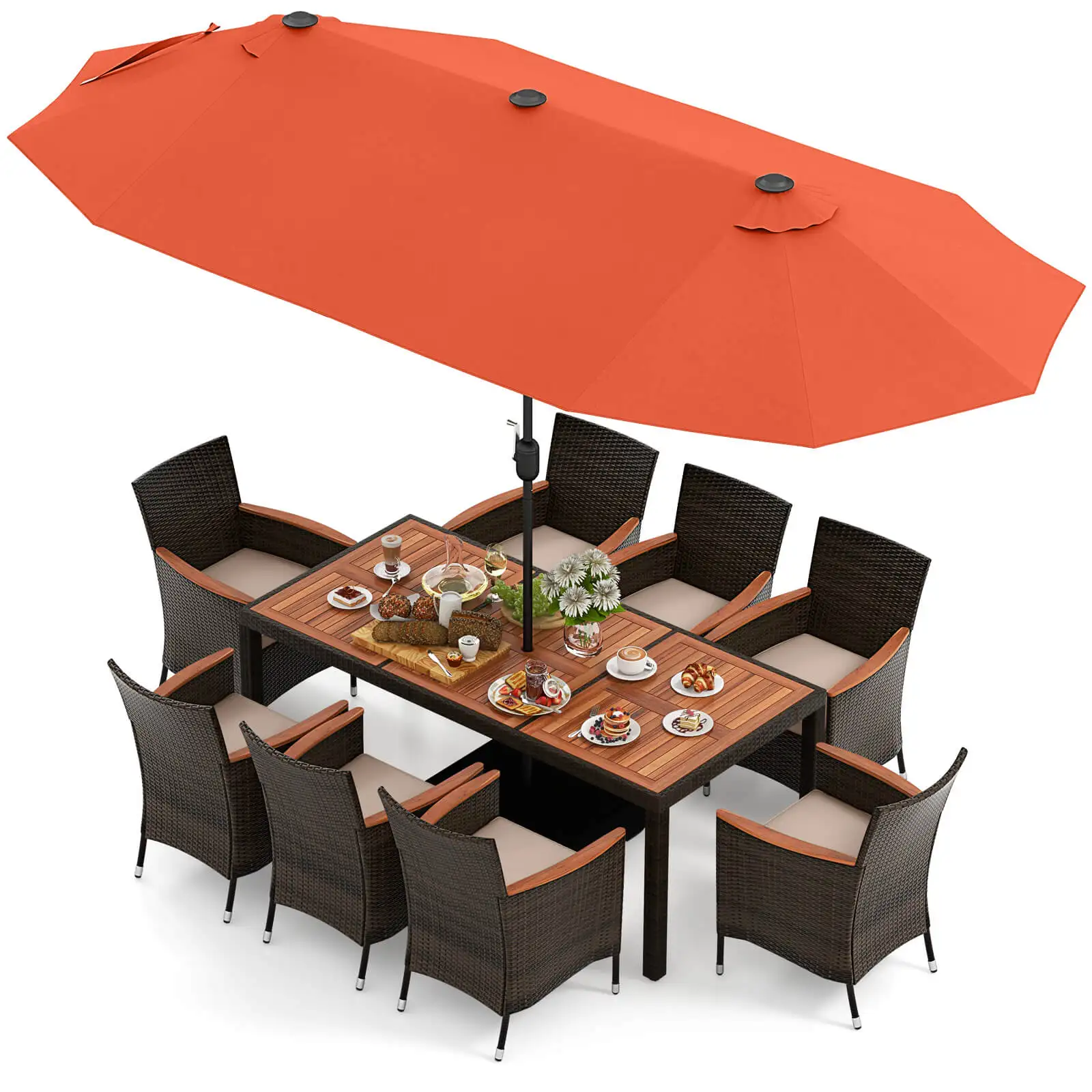 

11 PCS Patio Dining Set with 15ft Double-Sided Patio Umbrella (Base Included) Orange