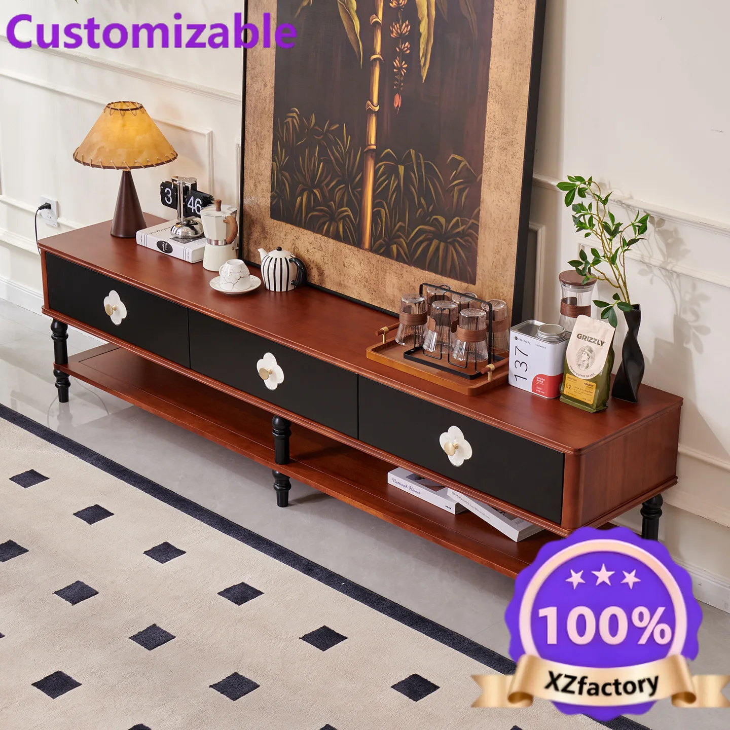 Factory Direct 2026 French retro medieval solid wood TV ca binet living room locker combination strip cabi net floor TV cabin et