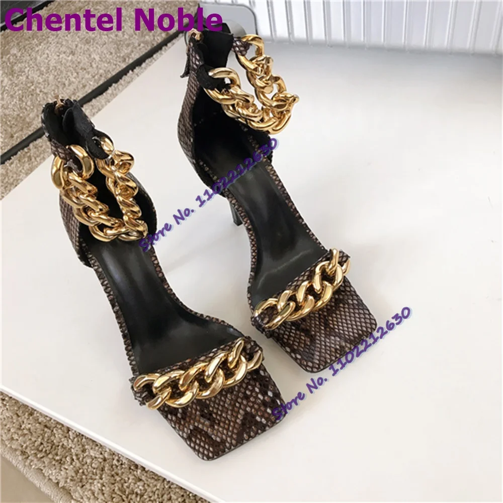 Metal Chain Luxury Sandals Square Toe Cover Heel Open Toe Zipper Stilettos New Arrival Fashion Women Shoes Party Dress Designer