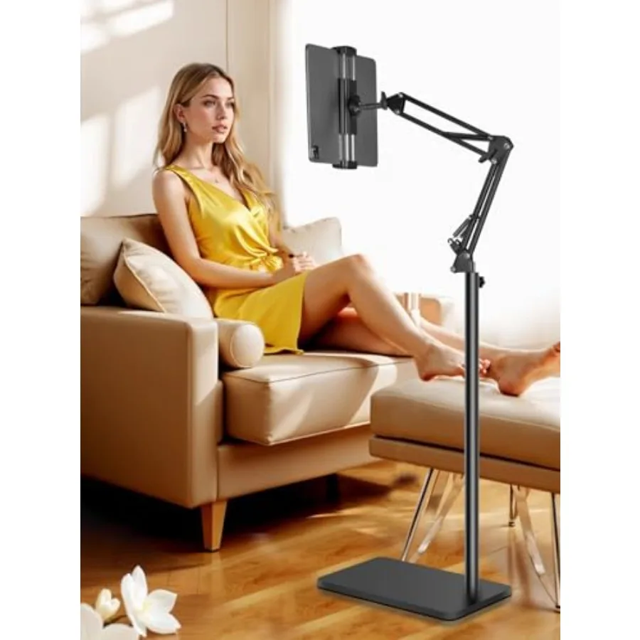 

Tablet Floor Stand with Double Heavy Duty Stable Base Never Tip Over Adjustable Height Swivel Overhead Bed Tablet Phone Stand H