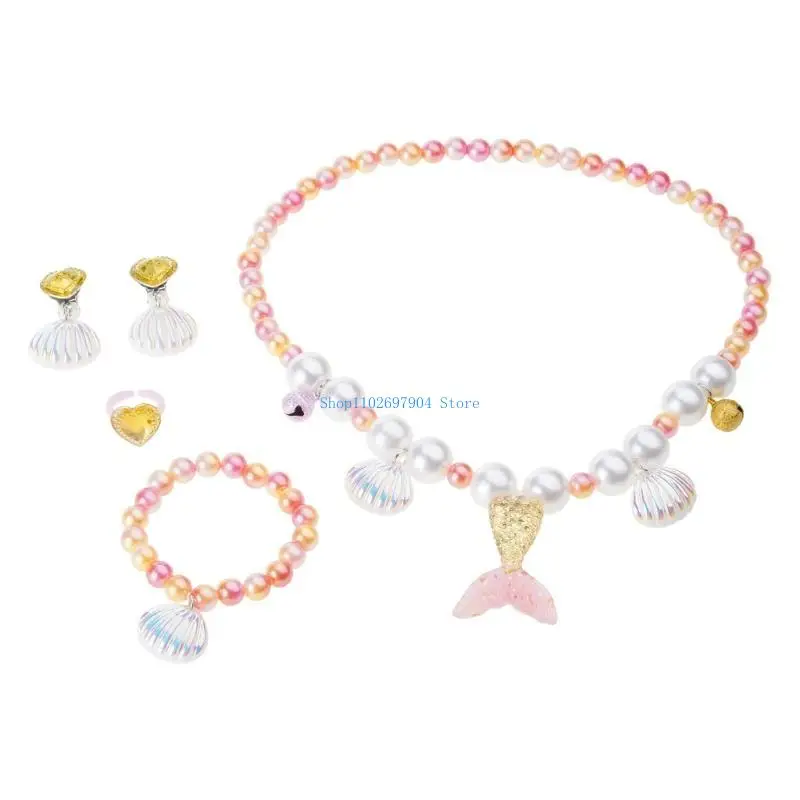 

N7YF Mermaid-Jewelry Set for Little Girls Earrings Clip Open Rings Bracelet Necklace