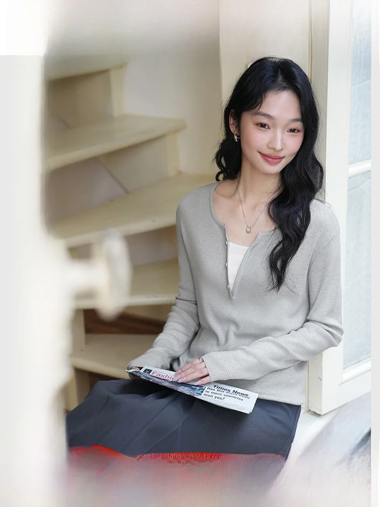 

Женский вязаный свитер с V-образным вырезом, длинный рукав, шерстяная смесь, приталенный крой, весна-осень, новинка, цветной блок, большой V-образный вырез, вязаный топ