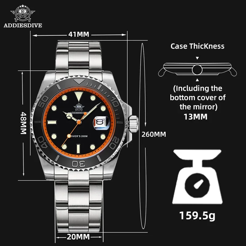 ADDIESDIVE Diving AD2040 Quartz Watches Stainless Steel 200m Waterproof Calendar Display Wristwatch Fashion Super Luminous Watch