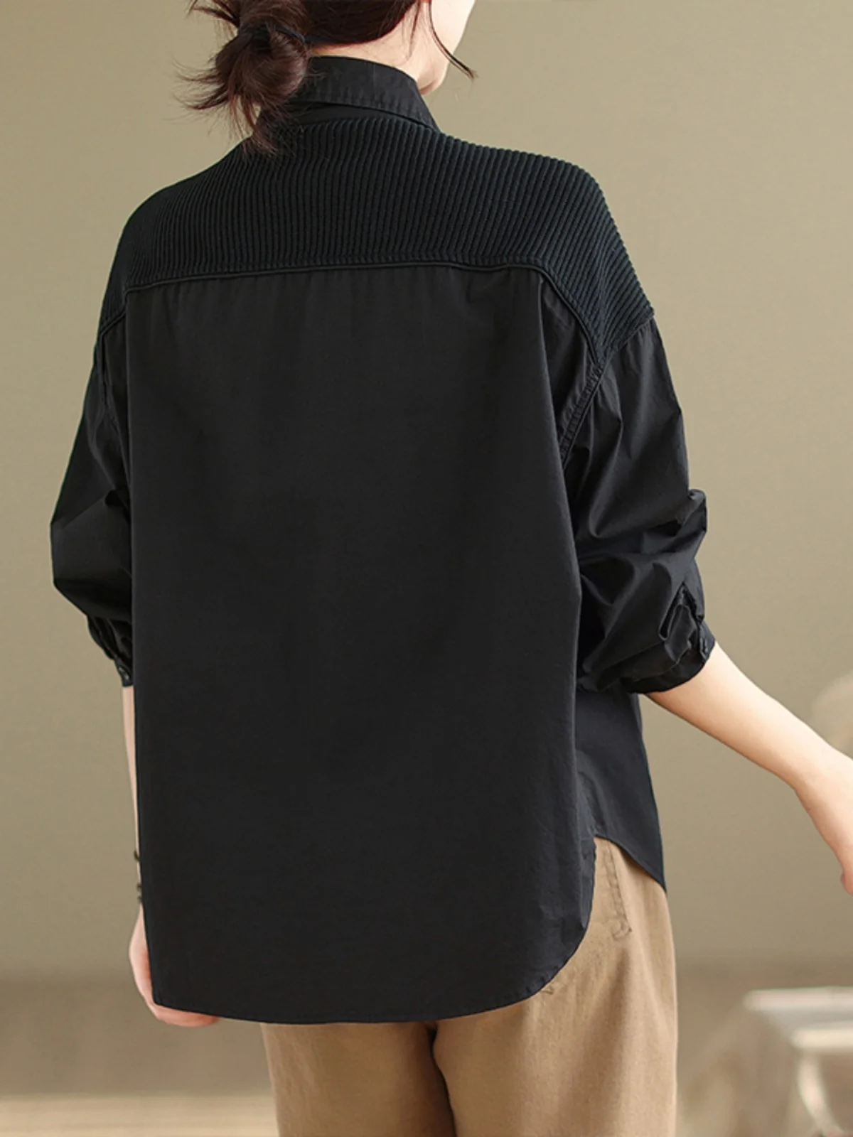 

European Sle plus Size Women's irt Jaet 2024 Spring Autumn Corduroy Patchwork Loose Collar Long Sve Ne