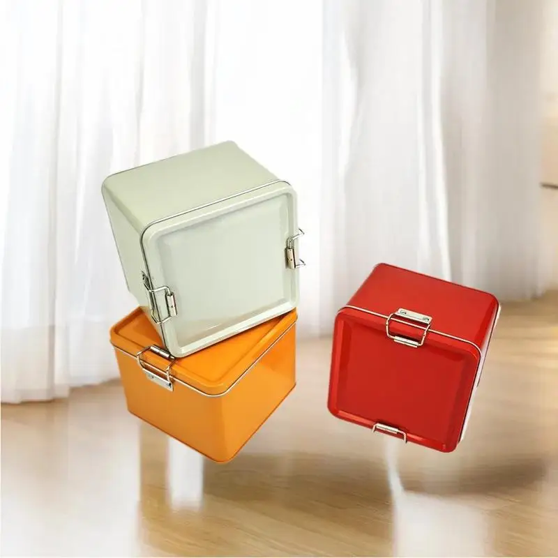Square Tinplate Cookie Tins Box With Lid Dustproof Home Kitchen Desktop Storage Tin Durable Buckle Iron Box Outdoor Tableware