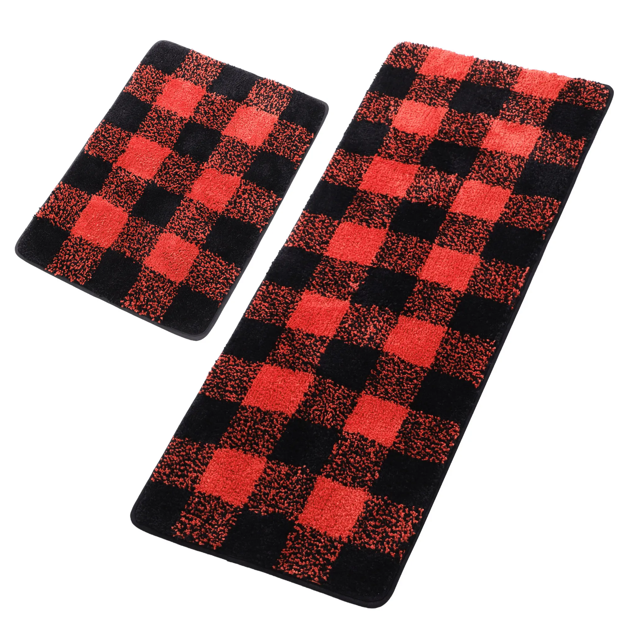 

Soft Microfiber Plaid Bath Rugs Set Two Sizes Black Red 17x24 Inch 17x47 Inch