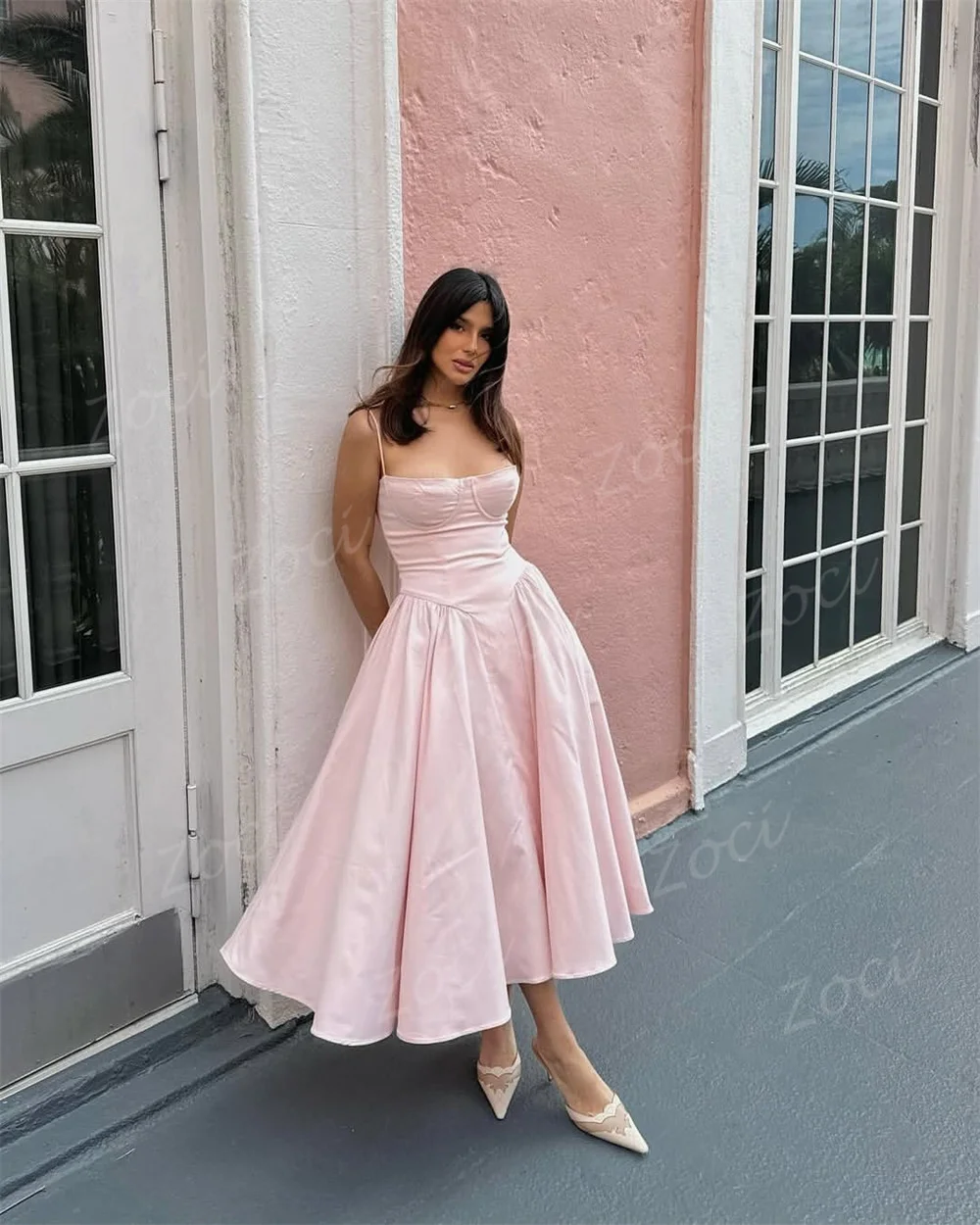 Zoci Baby الوردي الساتان ألف خط فساتين لحضور الحفلات الموسيقية مخصصة السباغيتي الأشرطة الزفاف مساء فستان المرأة مناسبة خاصة رداء حفلات