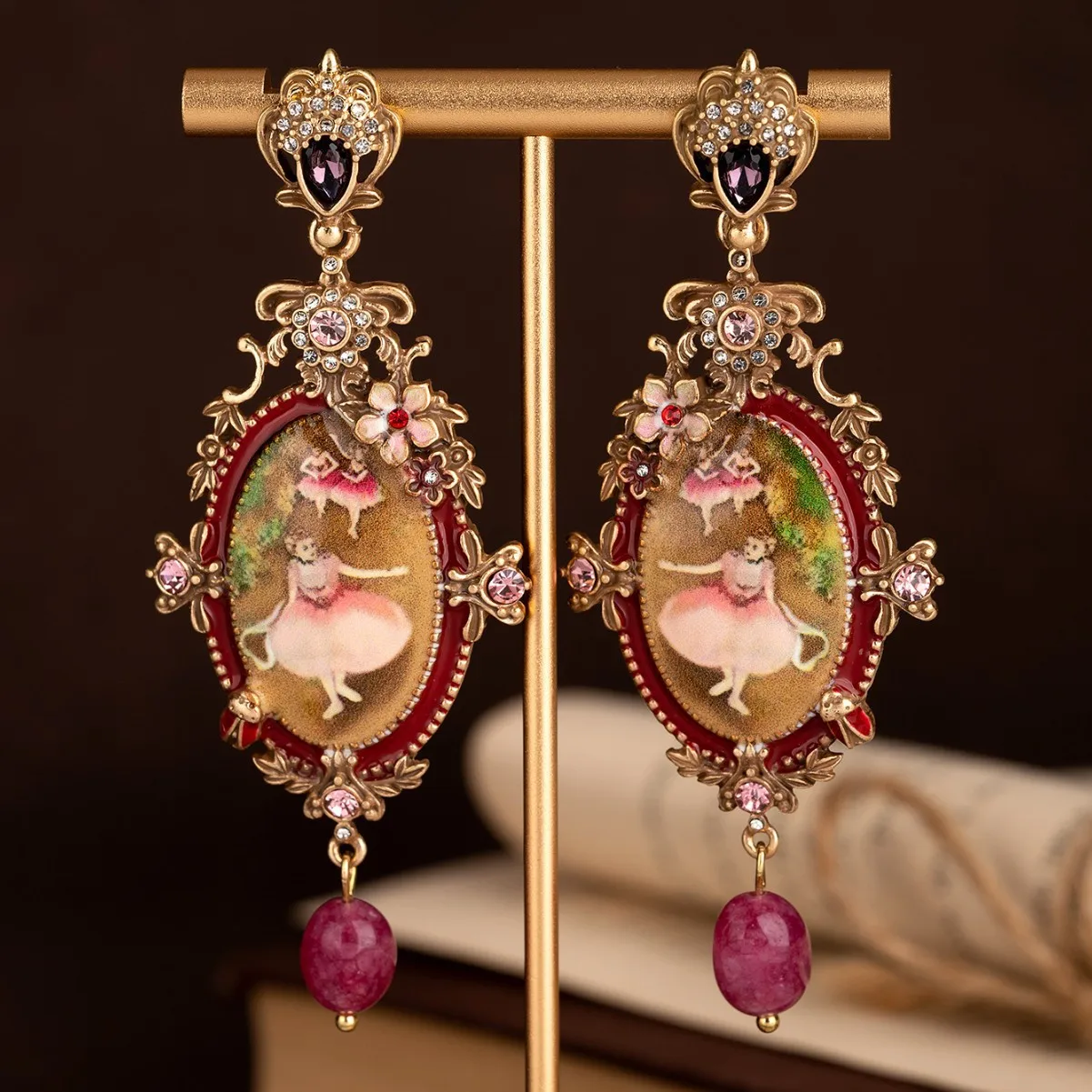 

Vintage Earrings for Women Romantic Baroque Frame Drop Earrings with Pink Crystals and Ballerina Portrait Painting for Party