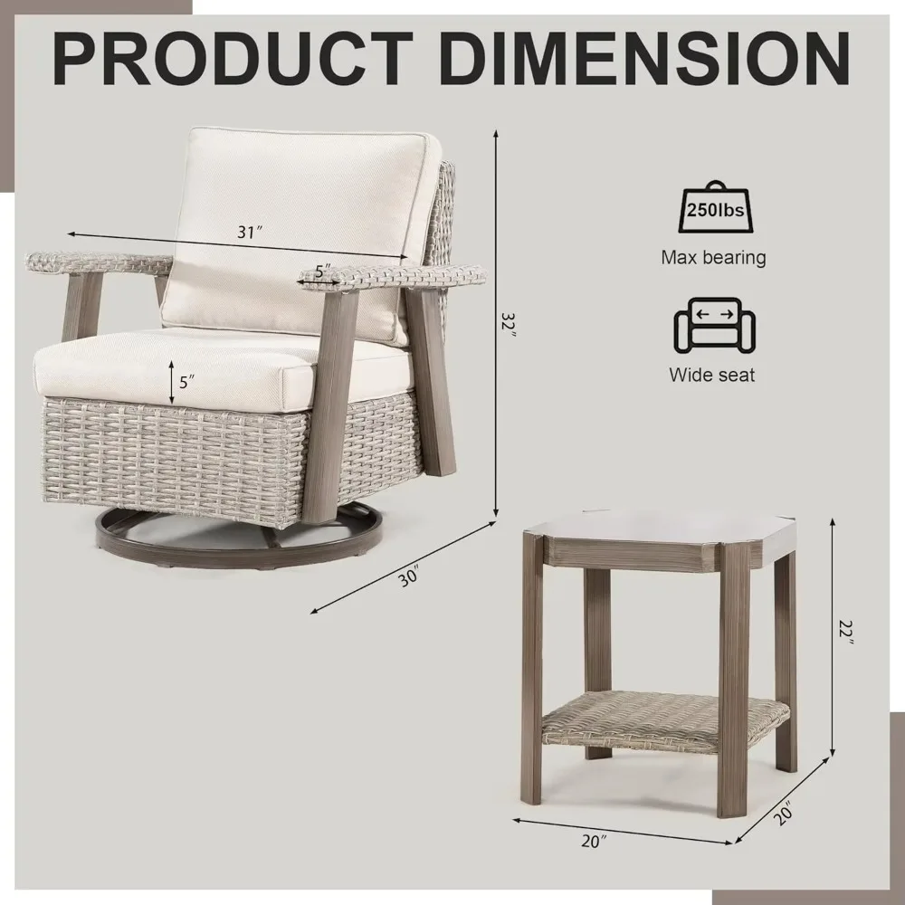 Juegos de sillas de patio basculantes giratorias para exteriores y mesa auxiliar a juego, juego de bistró de mimbre para patio con cojín de tela premium