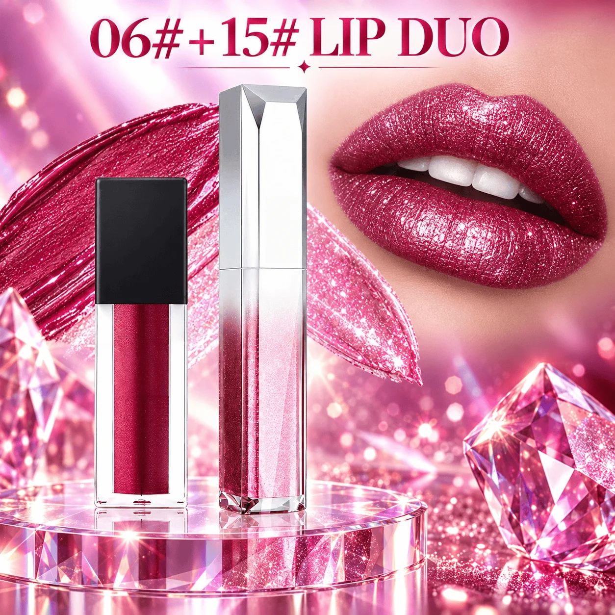 2Pcs Shimmer Lip Gloss Set Long Lasting Sparkling Liquid Lip Makeup