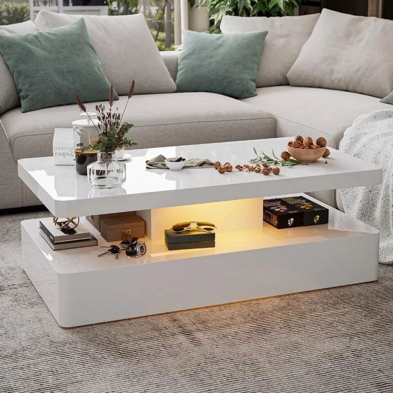 Table Basse Rectangulaire Blanche Brillante avec 16 Couleurs LED, Moderne