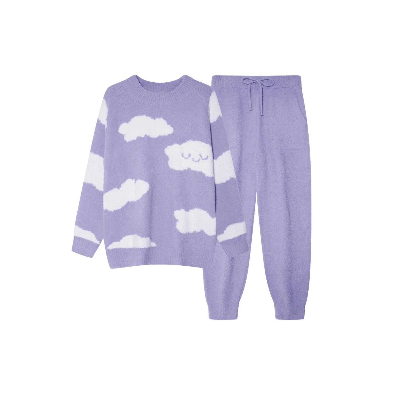 

Cloud Print Women's Pajama Set 2 Pcs with Pant Thick Winter Ladies Sleepwear Long Sleeve Cute Fleece Warm Pijama Suit Female