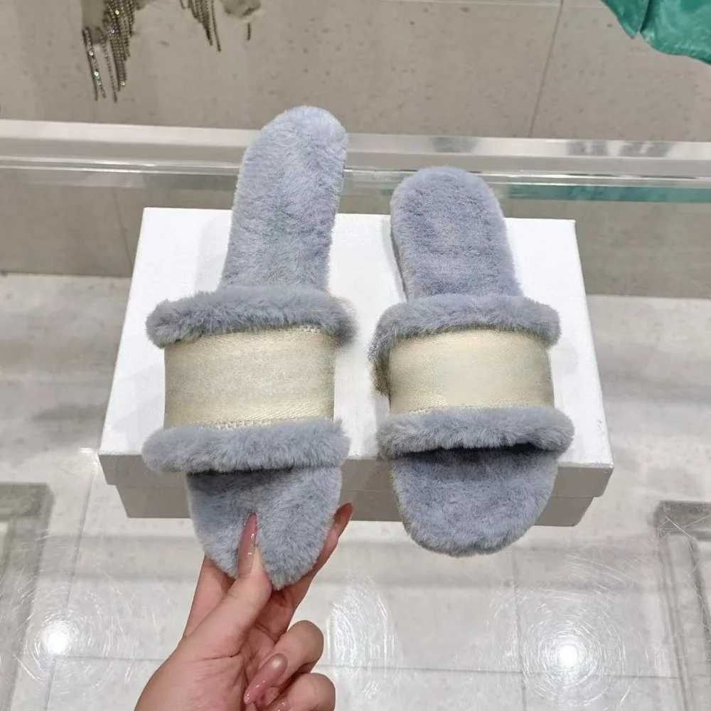 2026 Fall Winter New Women's Indoor Flat Slides Embroidered Single Strap Slippers Cozy Warm Home Shoes Trendy Fashion