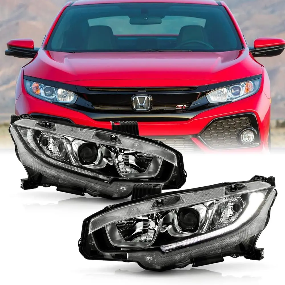 

- For [Halogen Type] 2016-2021 Honda Civic Chrome Housing LED DRL Projector Headlights Headlamps Pair Left+Right