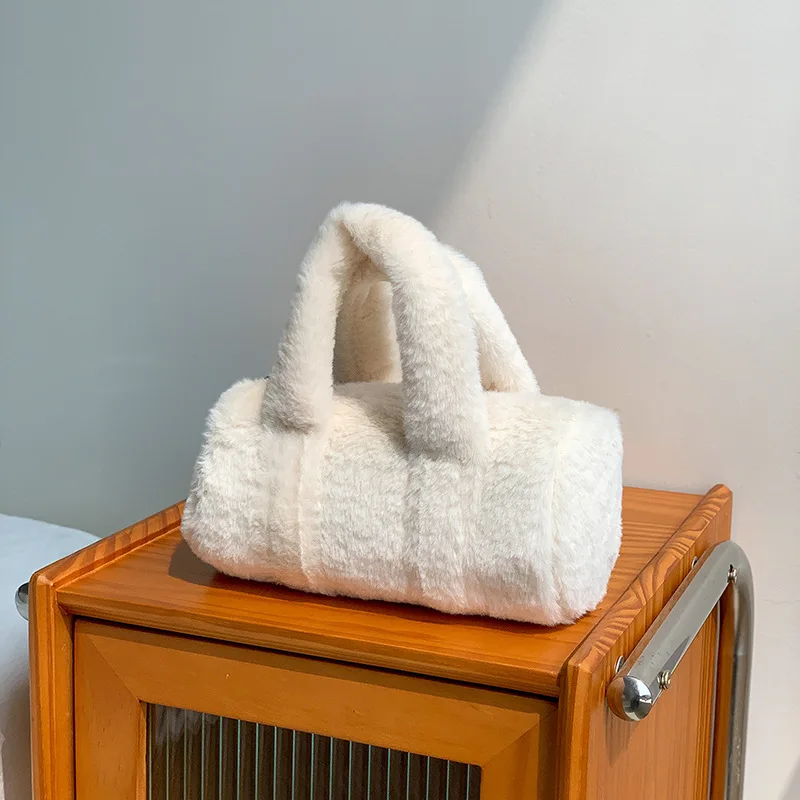 Sacs fourre-tout en laine d'agneau pour femmes, sac à main mignon et doux, intervalles Boston, peluche, sacs à main à bandoulière pour dames, hiver, nouveau, 2024