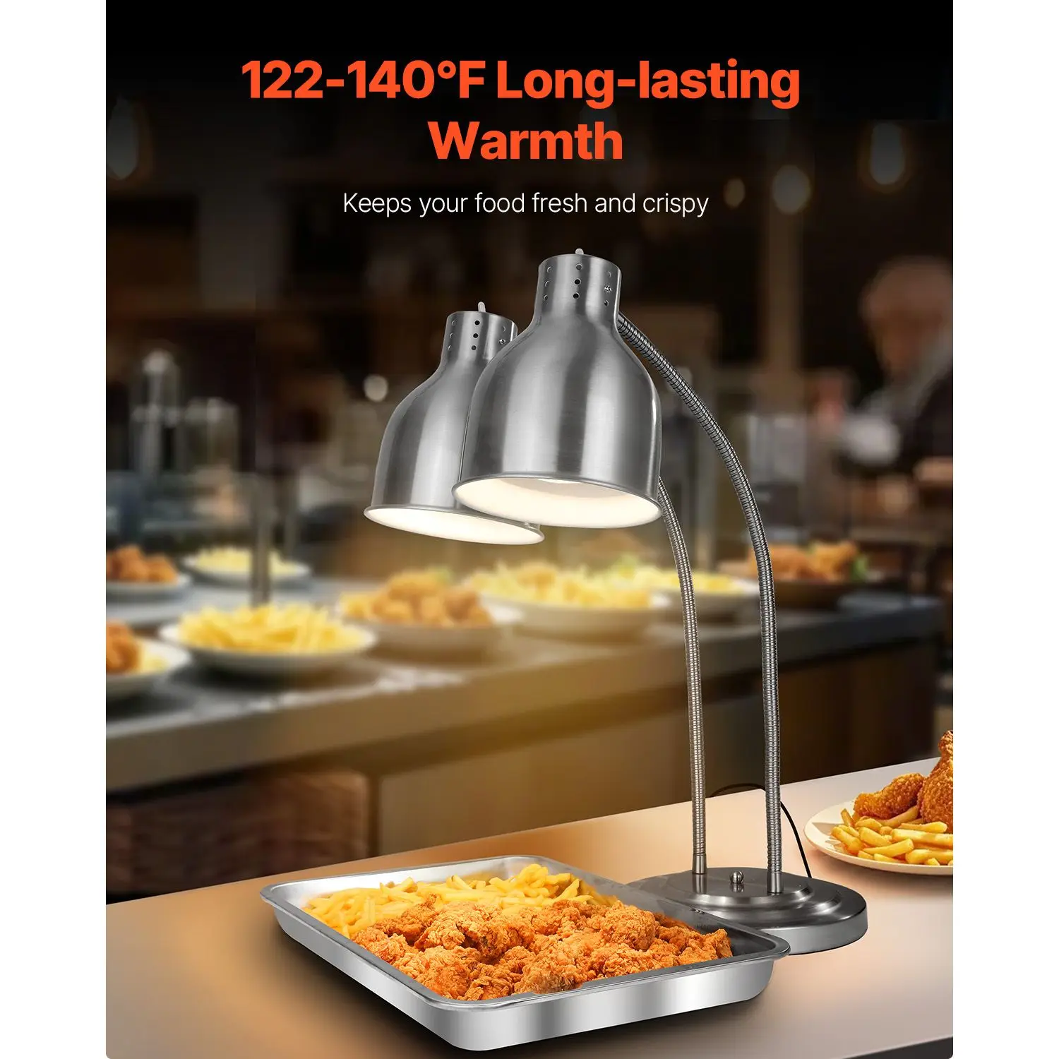 Food Heat Lamp, 500W Electric Commercial Warmer Light, 2-Head Stainless Steel French Fry with 3 Bulbs, Catering Warming
