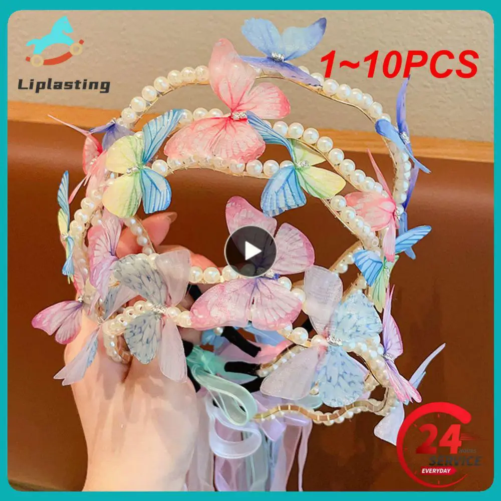 Children's Butterfly Headband, Streamer Hair Hoop, bebê, princesa bonito, feminino Pérola Hairband, acabamento Hairpin, 1-10pcs