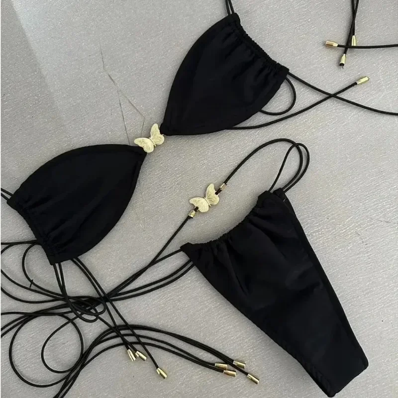 Seksowne Bikini 2024 Strój Kąpielowy Damski Motylkowy Brazylijski Zestaw Bikini Biquini Damskie Kostiumy Kąpielowe Bandeau Czarna Odzież Plażowa