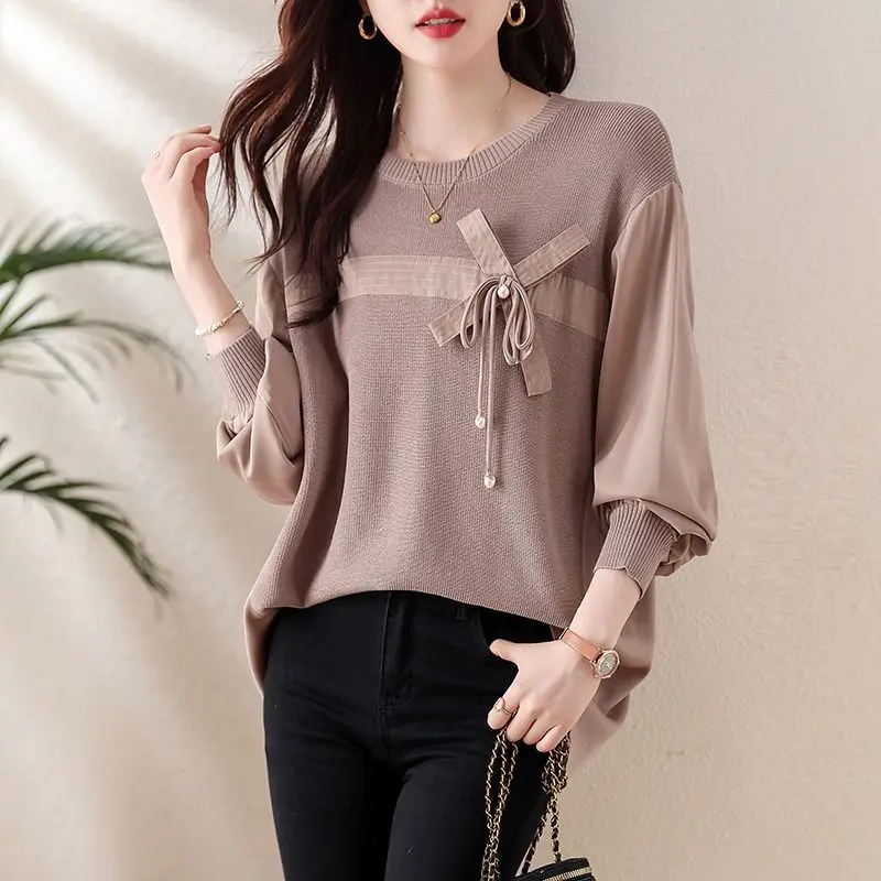 Spring Autumn Fashion Knitted Spliced Blouse Casual Round Neck Women\'s Clothing Korean Bow Drawstring Vintage Long Sleeve Shirt