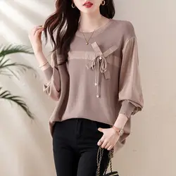 Spring Autumn Fashion Knitted Spliced Blouse Casual Round Neck Women's Clothing Korean Bow Drawstring Vintage Long Sleeve Shirt