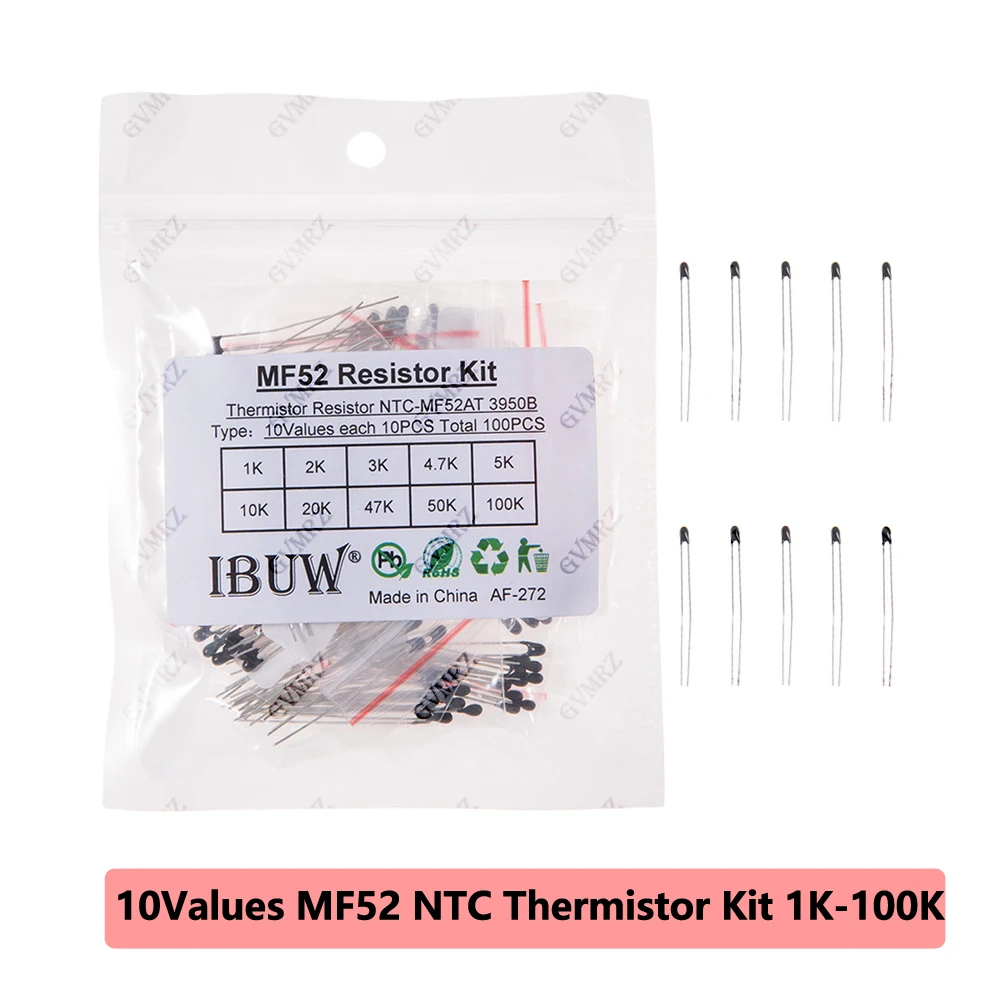 100PCS 10Values MF52 NTC Thermistor Kit 1K-100K 3950B for Temperature Sensing & Circuit Overheat Protection 1K 2K 3K 4.7K 5K 10K
