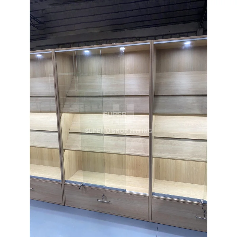 (Customized) Customized Sliding By Showcases Glass Display Knife Furniture Lockable Magnetic Wooden Show Display Glass with