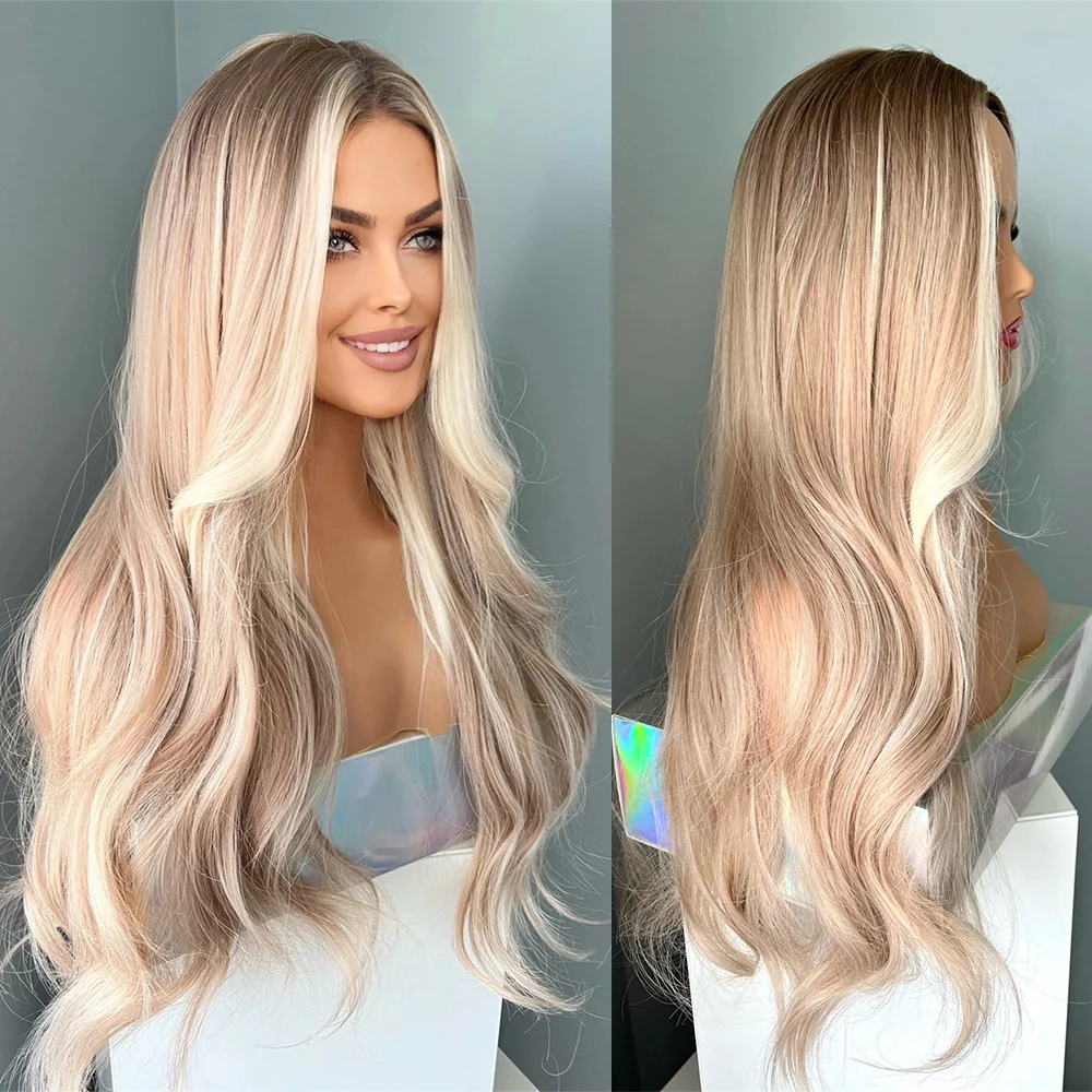 

Premium Silk Fibre Syntheic Wig Creamy blonde with ashy lowlights Lace Front Wig Soft Realistic Wav Hair for Women Dark Roots