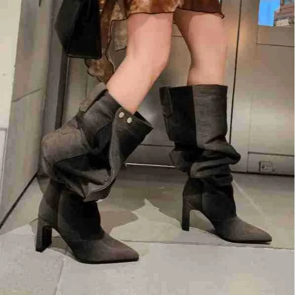 Foreign Trade Spring and Autumn New Pointed Lantern Boots Look Skinny, Folded Stacked Boots Loose Large Barrel Girlfriend Cowboy