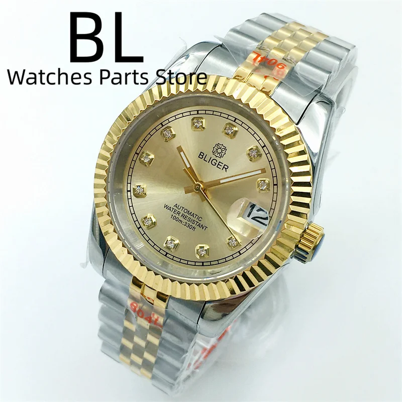 

BLIGER Luxury 36mm/39mm Men Watches NH35 Automatic Silver Gold Case Gold Dial Diamond Blue AR Sapphire Glass Date Waterproof