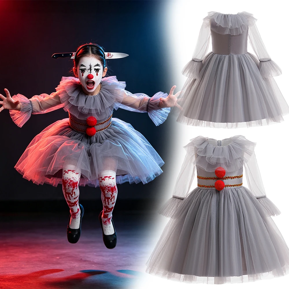 Halloween Grey Joker Costume for Kids Clown Cosplay Carnival Party Clothes Gray Children Girls Fancy Tulle Tutu Dresses