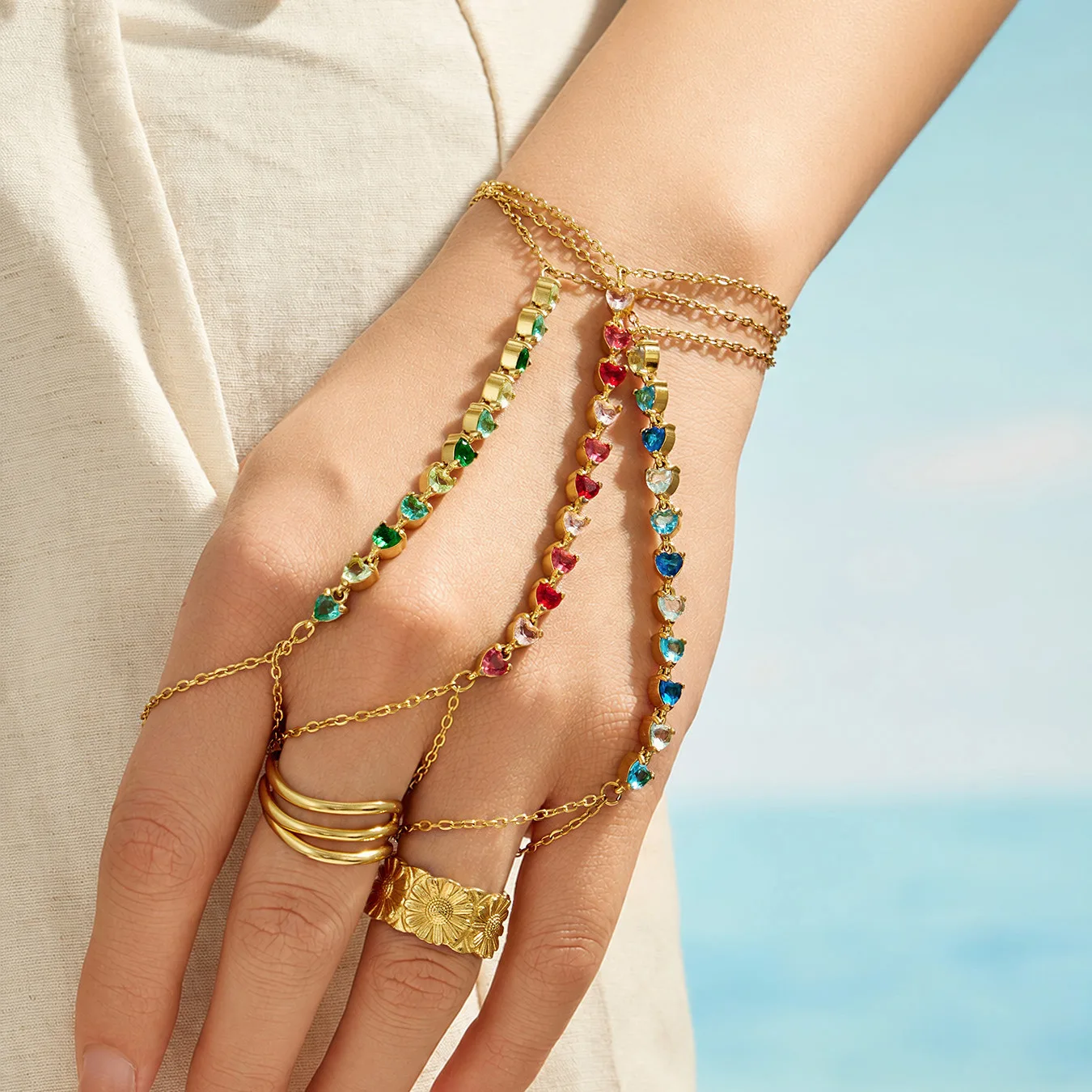 Bunte Zirkon-Handketten-Armbänder für Frauen Edelstahl-Handketten-Armband 18k Vergoldete Armbänder Luxus-Schmuckgeschenk – Detail 3