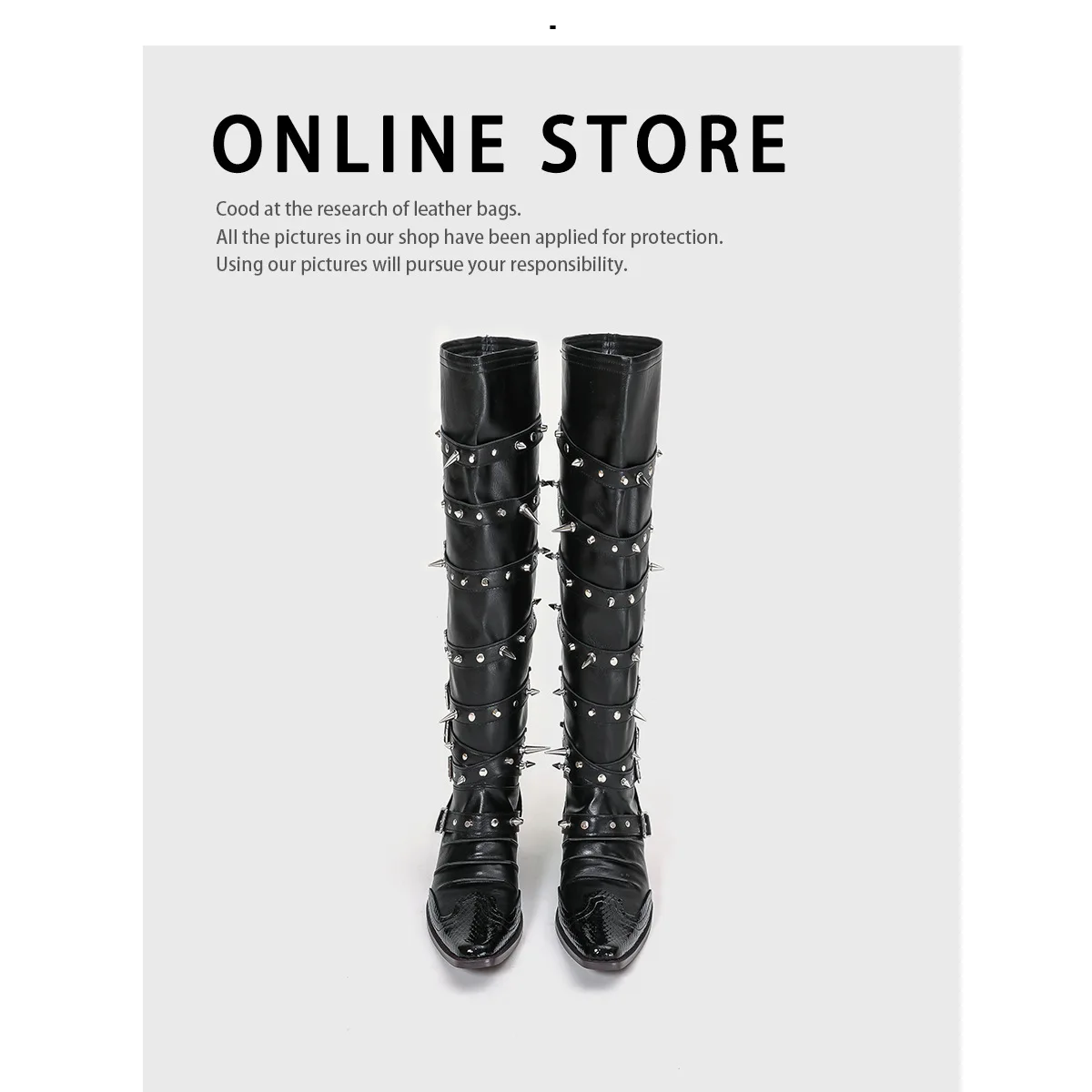 Ladies Punk Gothic Slouch Denim Tall Boots Wide Calf Pointed Toe Rivet Decor Cosplay Dress‑Up Long Boots for Themed Outfit