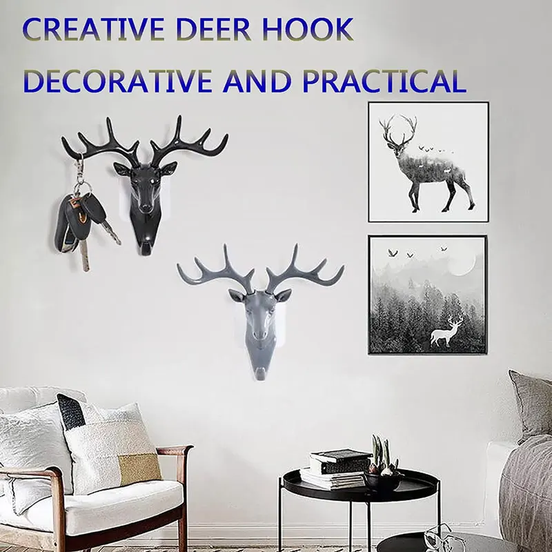 1PC Nail-Free Deer Head Hooks Self Adhesive Deer Antler Hooks Decorative Animal Wall Key Holder Wall Hooks for Home Office Decor