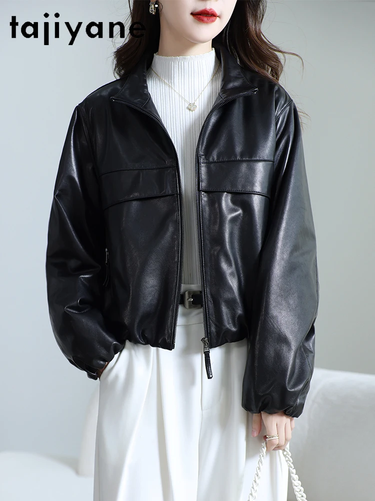 TAJIYANE سترة جلد الغنم الحقيقية الطبقة العليا امرأة فضفاضة عادية سترة جلدية حقيقية معطف الخريف القصير 2025 ملابس حريمي كورت