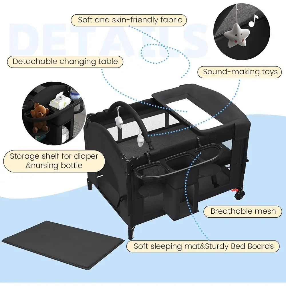 سرير أطفال قابل للتحويل 5 في 1 باللون الأسود مع أرجوحة وسرير أطفال ومبدل وشبكة ناموسية ولعبة