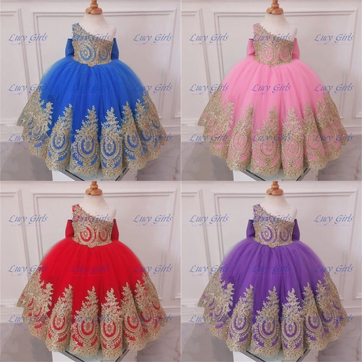 

Luxury One Shoulder Flower Girl Dress Tulle Fluffy With Gold Lace Applique For Wedding Dresses Kids Birthday Party Evening Gowns