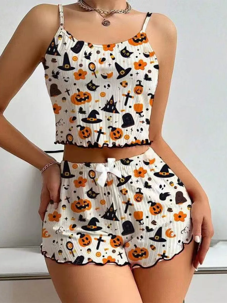 Pure Desire Casaul Elegant Style Shorts Sets Cute Printed Backless Deep V Suspenders Sleeveless Bowknot Shorts Sets Elegant UADH