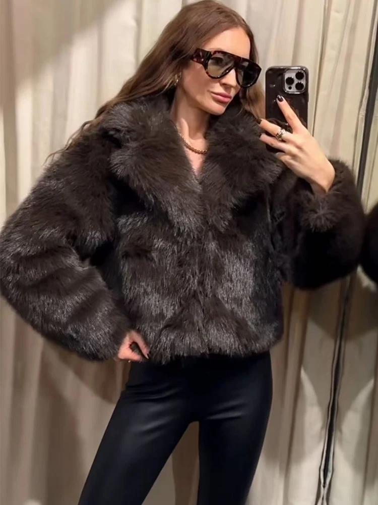 

2025 женское зимнее укороченное пальто из искусственного меха, элегантная теплая плюшевая куртка с длинными рукавами, женское пальто с мехом с лацканами, теплая пушистая уличная одежда