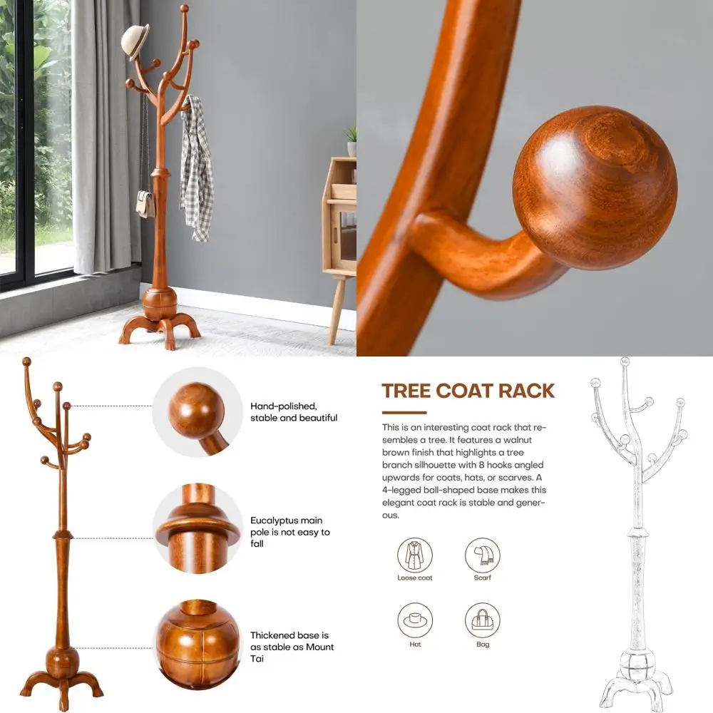 木製自立式コートラック 8フック付き - 木の枝デザイン、クリエイティブで安定した家庭用洋服ハンガー スタンド