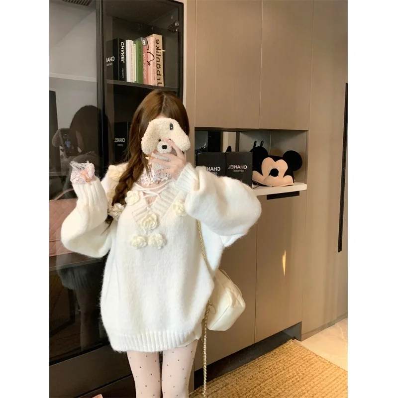 Damen Winter Long Sve Strickwaren V-Ne Loose Fit Schlankmachendes Lazy 3D Flower Design Mahua Imitation Sweater Belted Trendy Top
