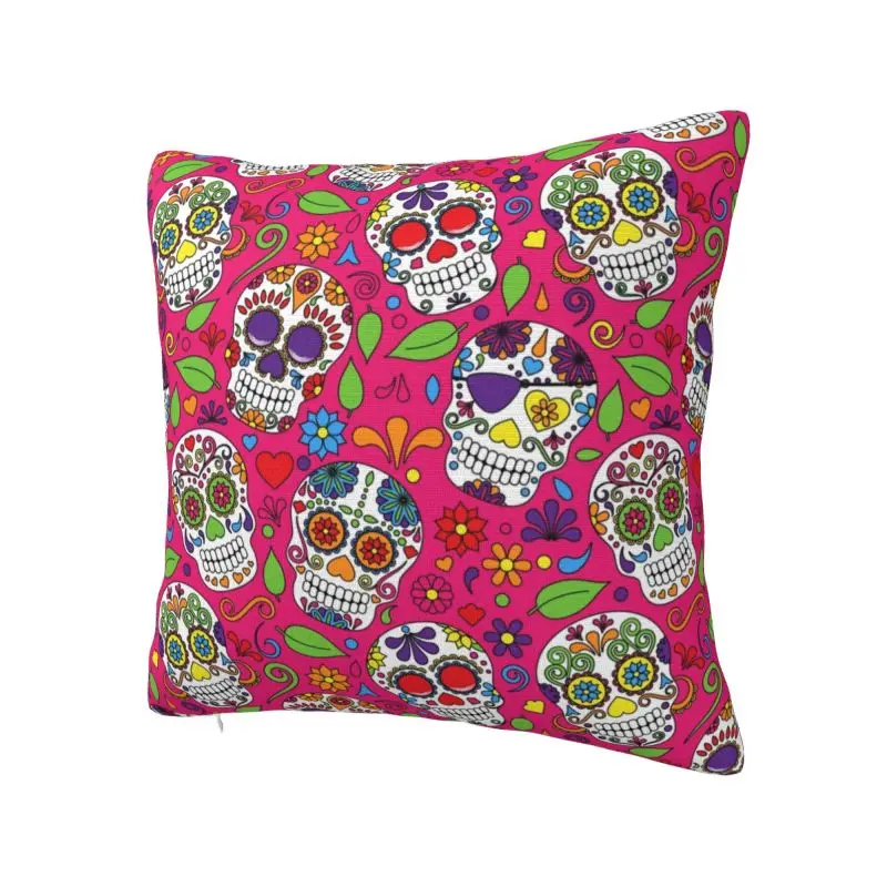 Modern Colorful Sugar Skull Flower Pink Pattern Cushion Cover Soft Day of the Dead Catholic Pillow Case Home Decor