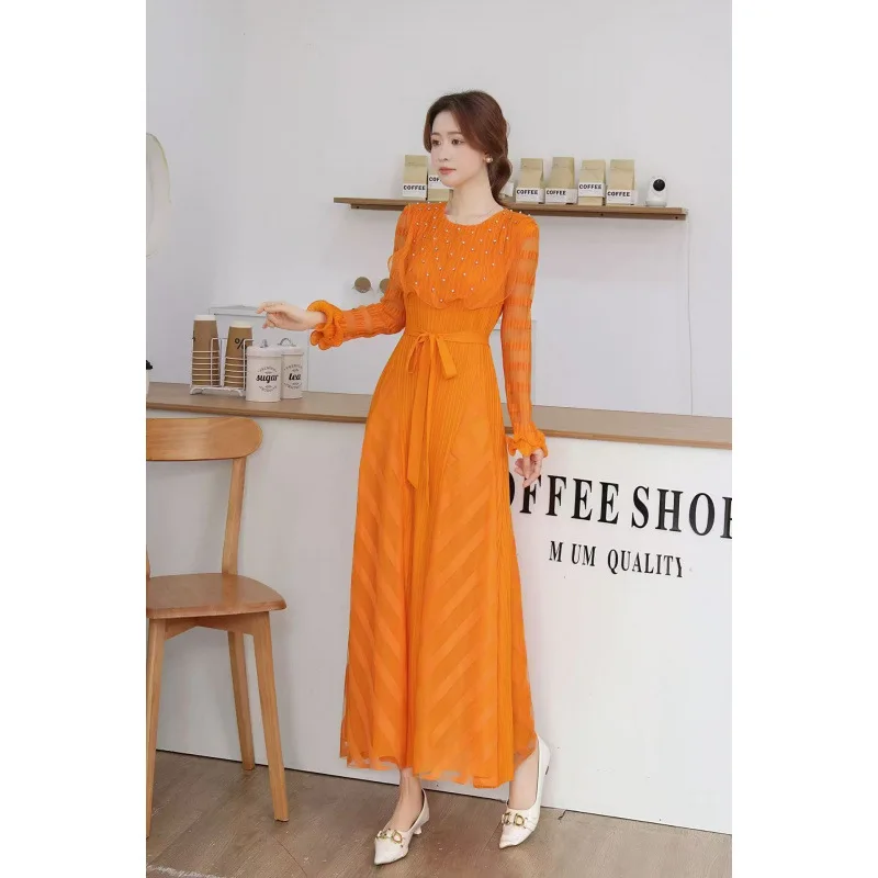 레트로 우드 비즈 벨트 캐주얼 디자인 플리츠 드 하이 웨이스트 플로잉 벨벳 A라인 스커트 롱 스커트 봄