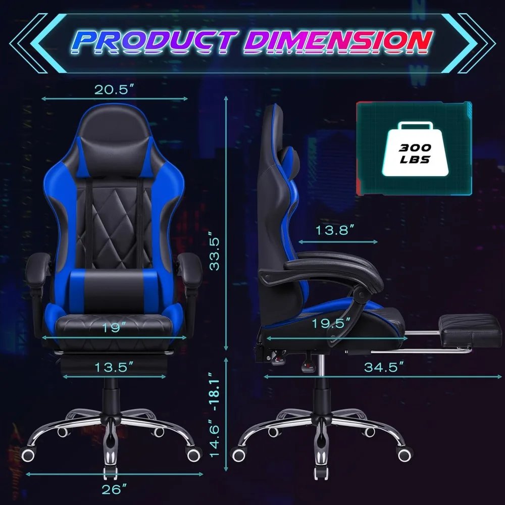 Gaming Chair with Footrest & Massage Lumbar Support, Height Adjustable with 360°Swivel & Headrest, Ergonomic Computer Seat