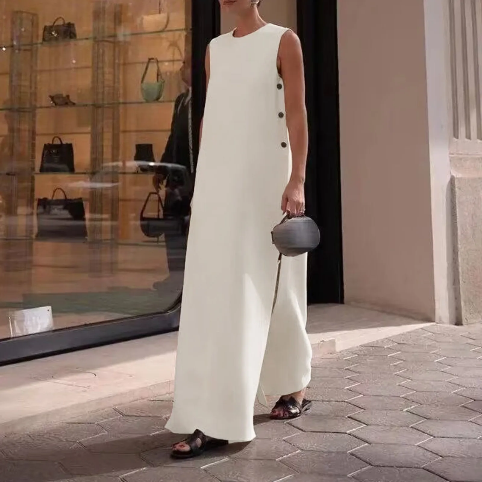 

Summer Button Split Sleeveless Women'S Dress Elegant Solid O-Neck Loose Long Robes 2024 Summer Female Vacation Party Vestidos